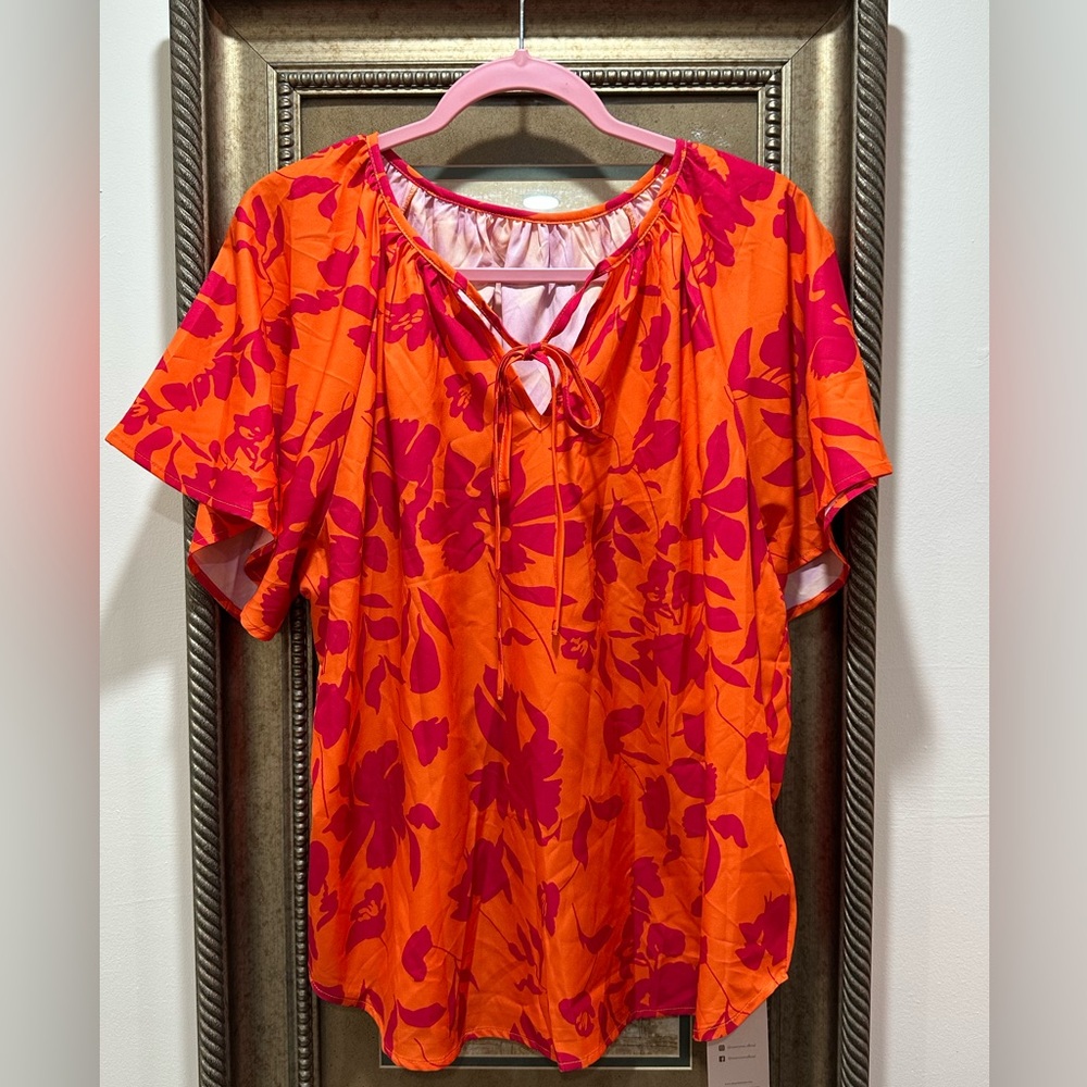 Vibrant Floral Women's Blouse in Orange and Pink
